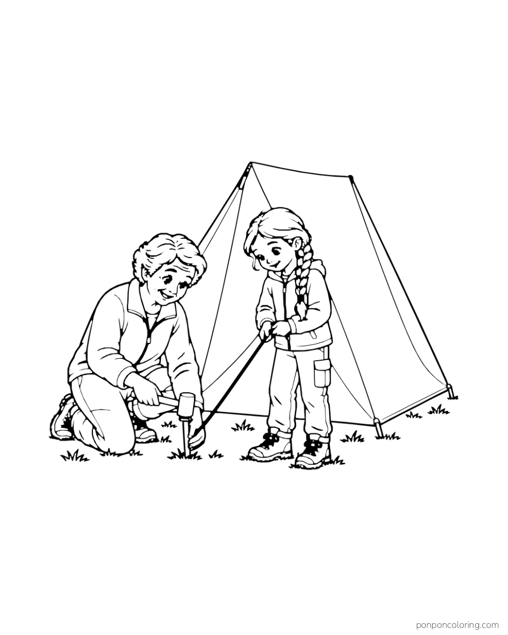 An older camper taps a tent peg while a child keeps the guyline taut.