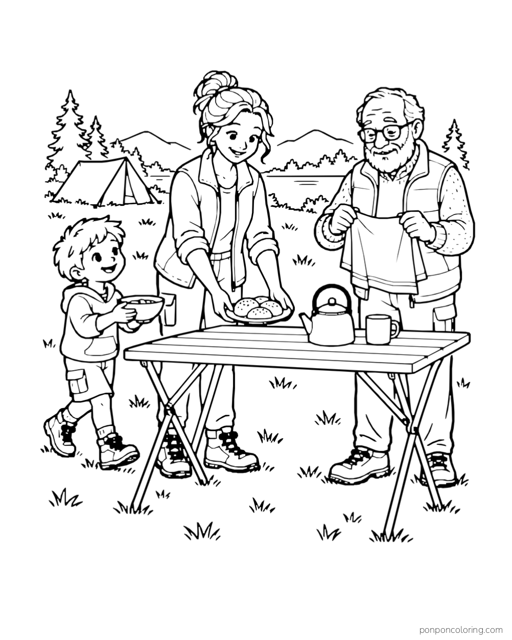 Three campers arrange a simple breakfast on a long folding table.