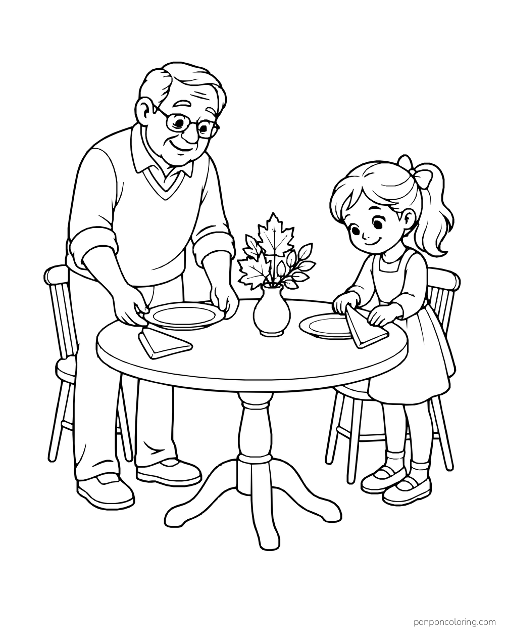 A grandfather and child set plates at a small table with a leaf vase.