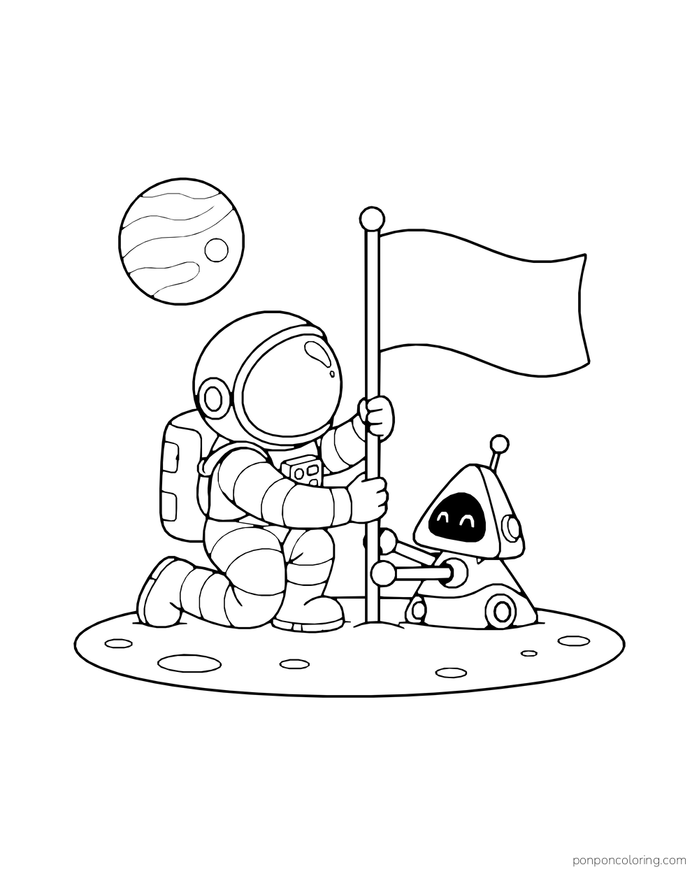 An astronaut holds a blank flagpole while a small robot steadies its base.