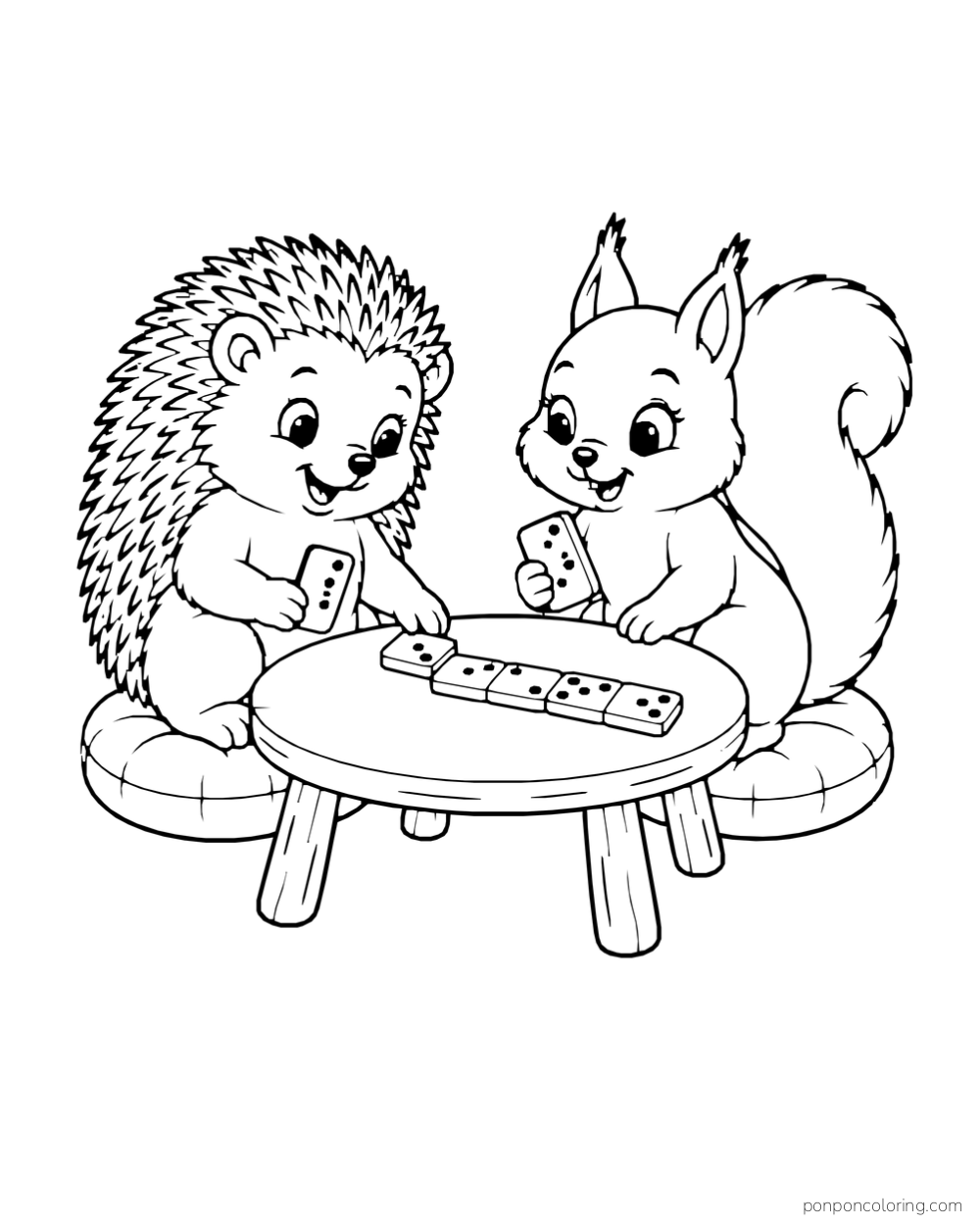 A hedgehog and squirrel sit across a low table arranging a short line of domino tiles.