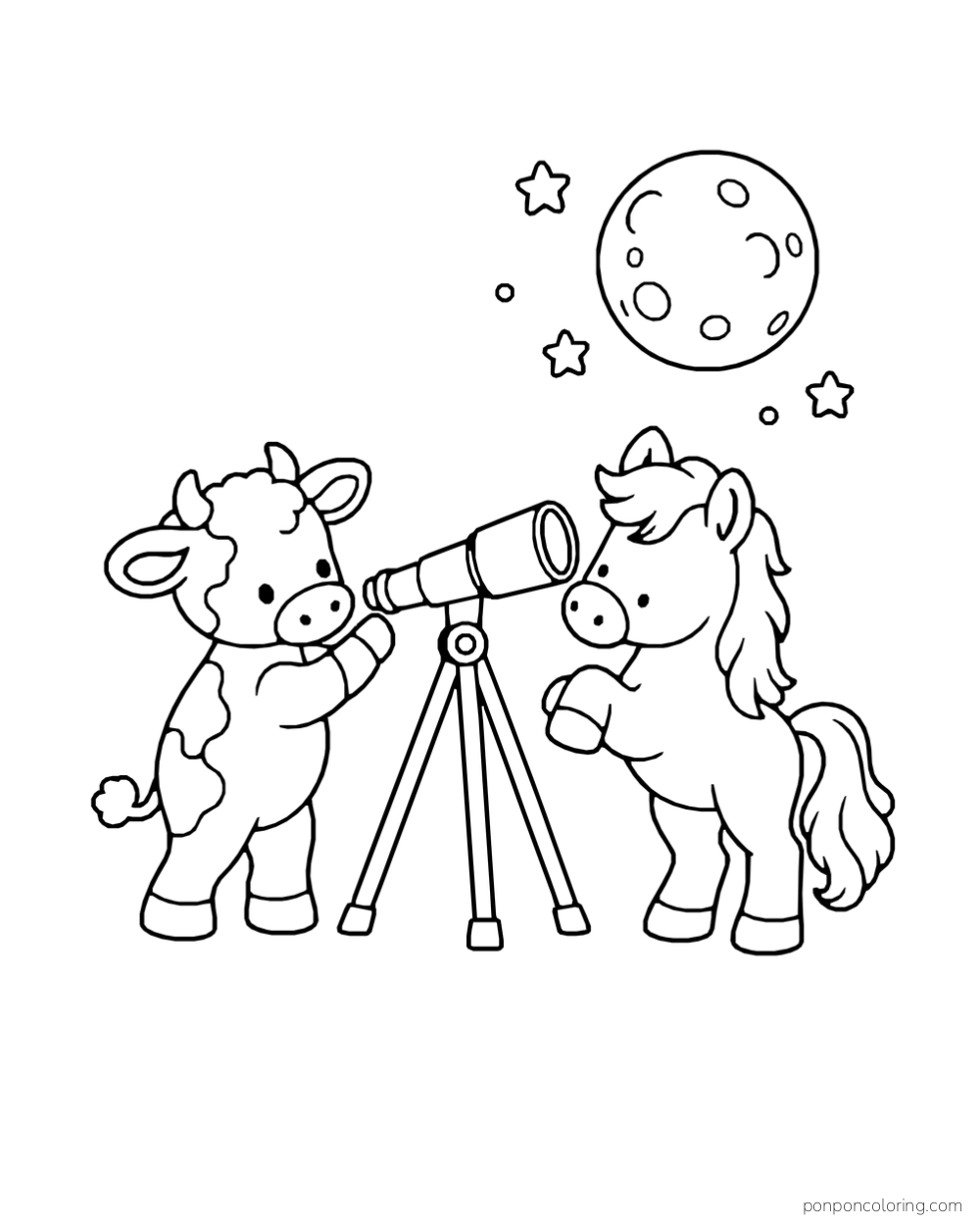 A calf and pony stand beside a telescope beneath a moon and stars.