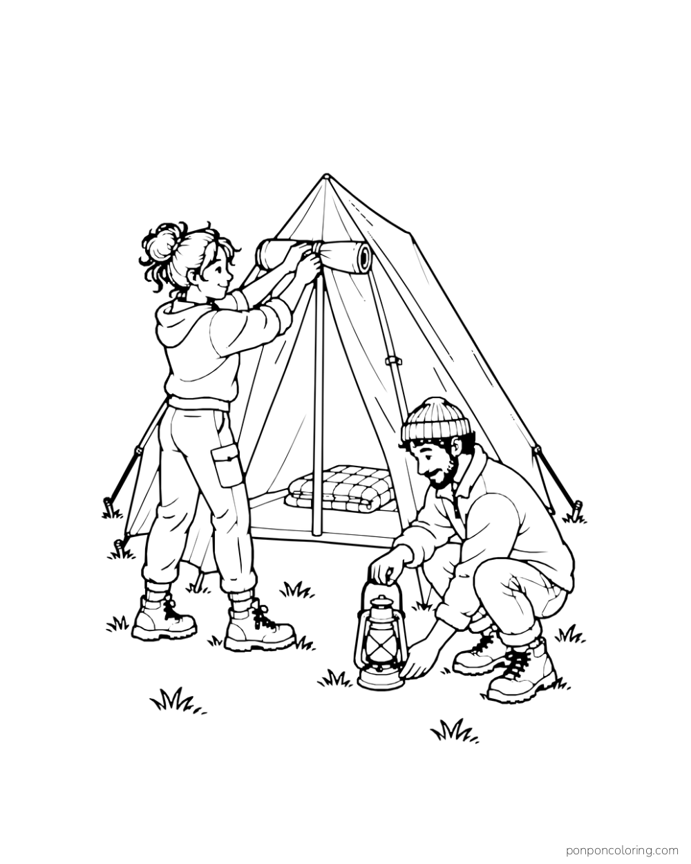 One camper ties a rolled tent flap while another sets a lantern on the ground.