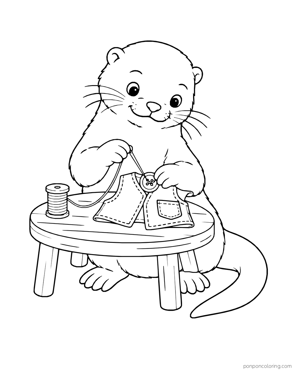 Otter sewing a button onto a small vest at a round table with thread spools.