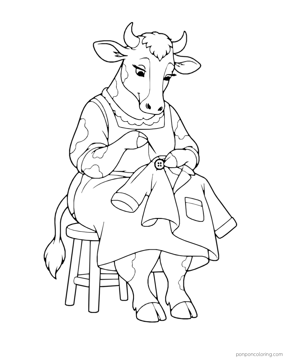 A seated cow sews a button onto a coat held across its lap.