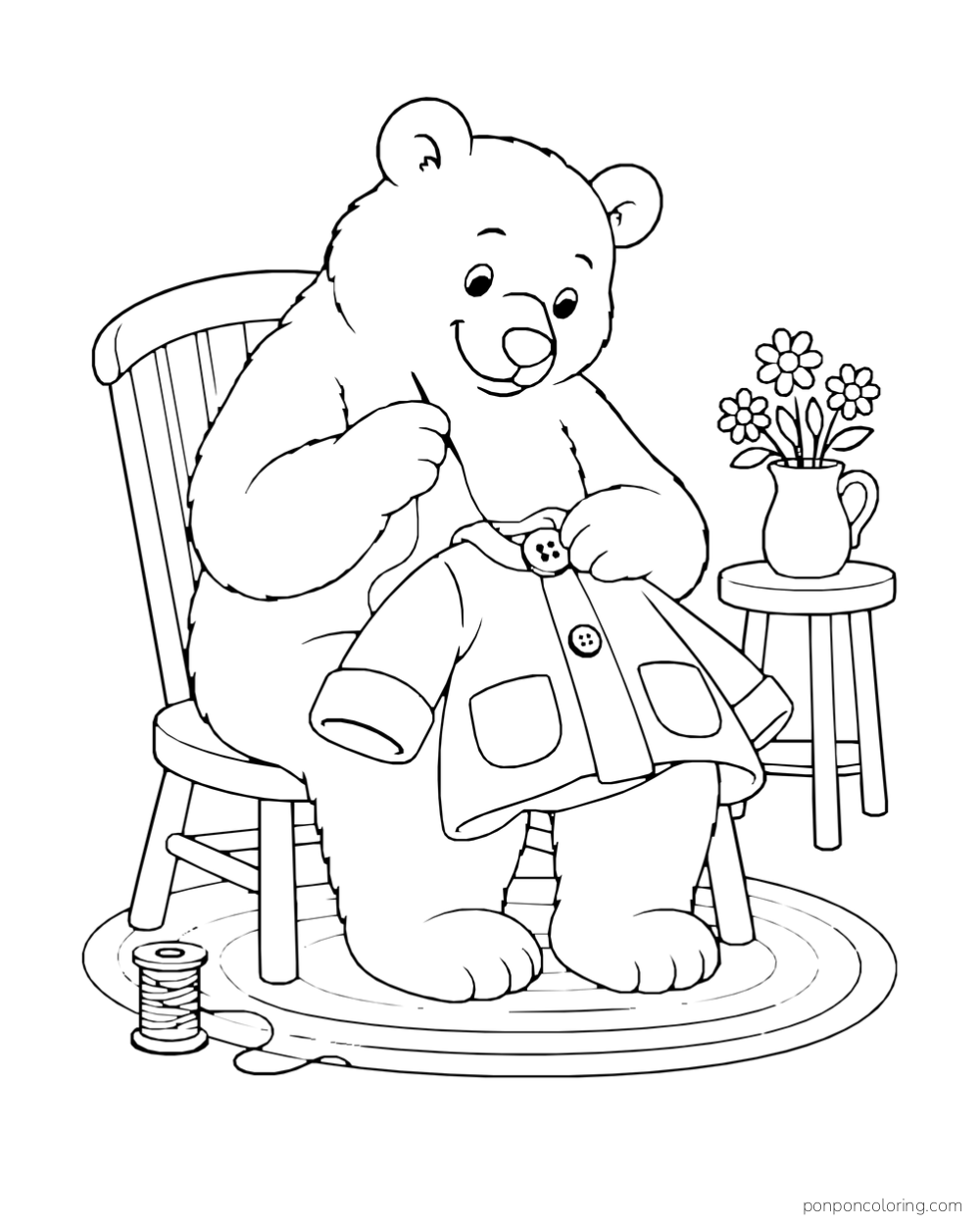 A seated bear sews a button onto a small coat, with thread on the rug and flowers on a side table.