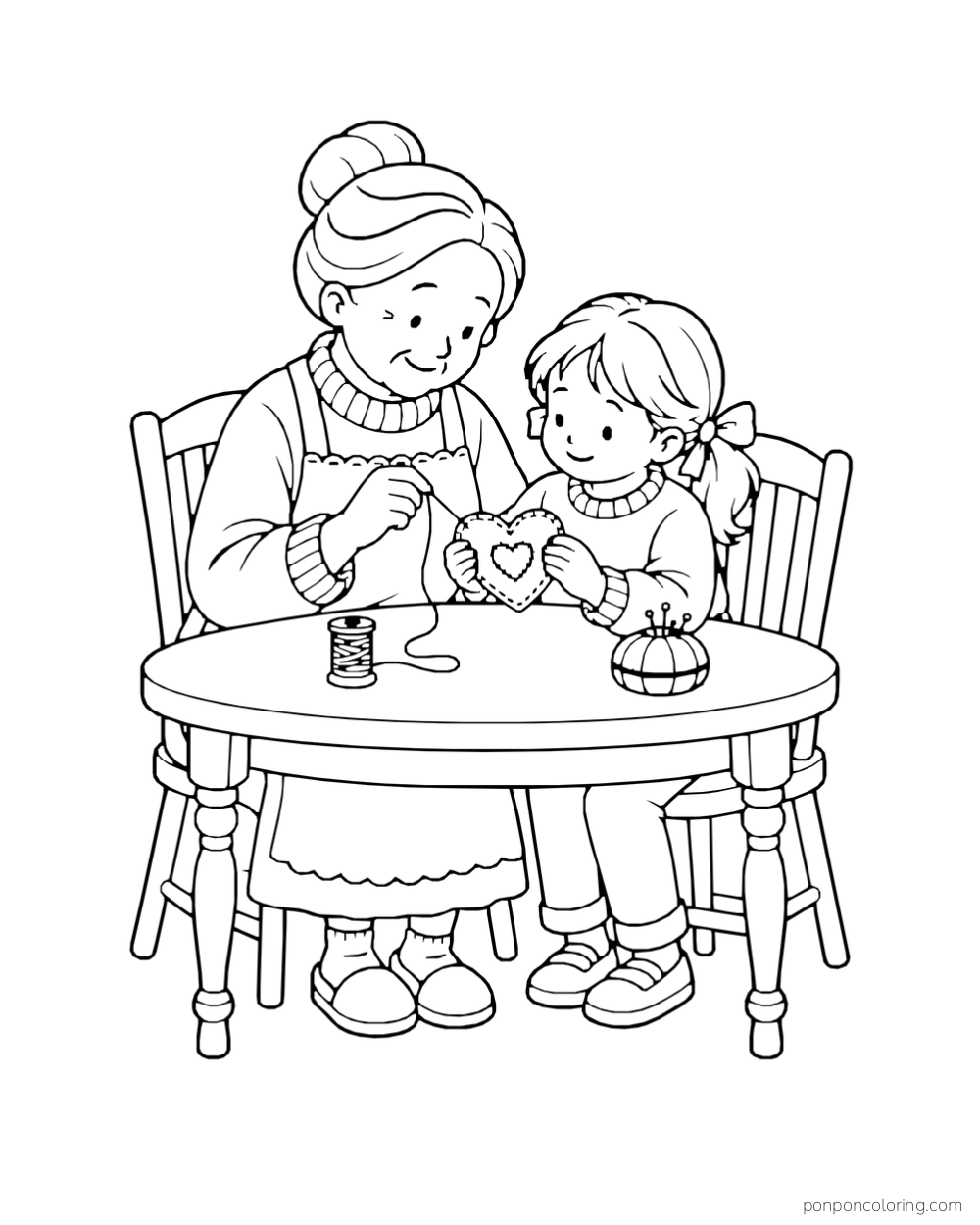 A grandmother sews a felt heart held by a child at a table with thread and a pincushion.