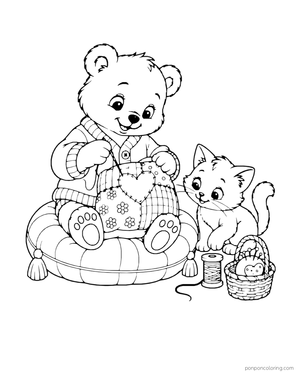 A bear in a cardigan sews a heart patch onto a pillow while a kitten watches beside a spool of thread and sewing basket.