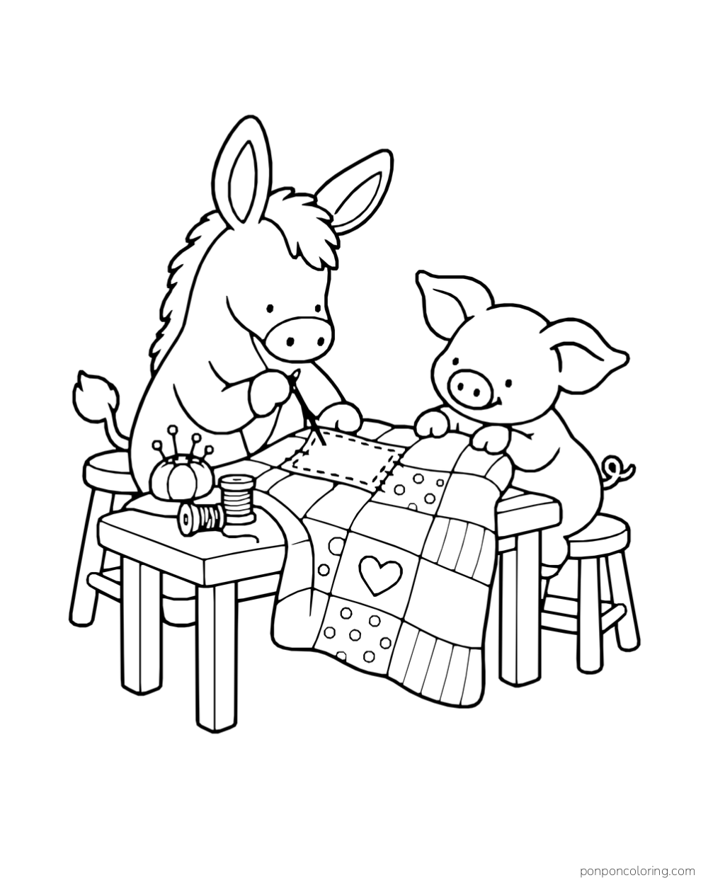 A donkey sews a patch onto a quilt while a pig holds it steady on a table.