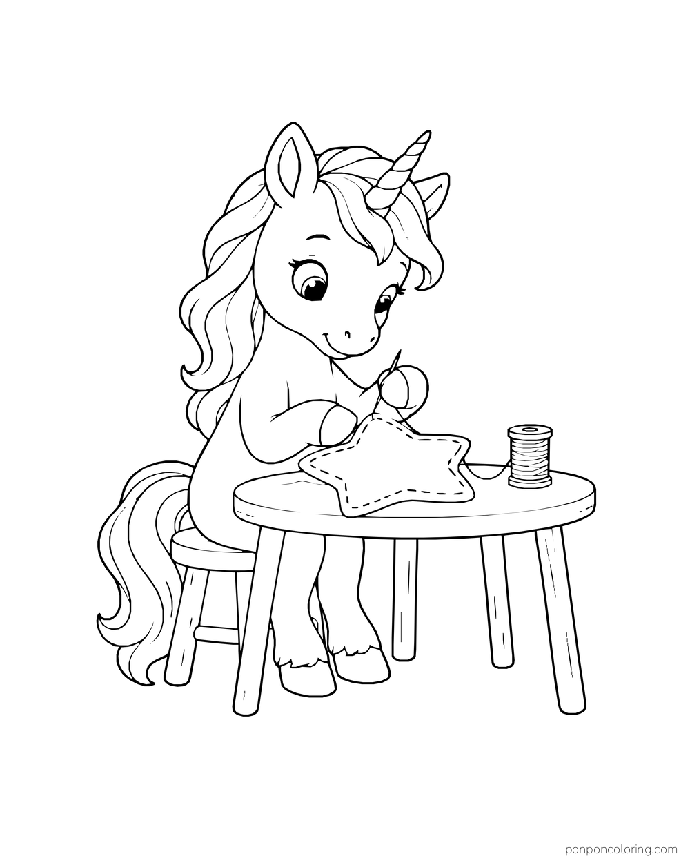 A unicorn foal sits at a table sewing a star-shaped cushion beside a thread spool.