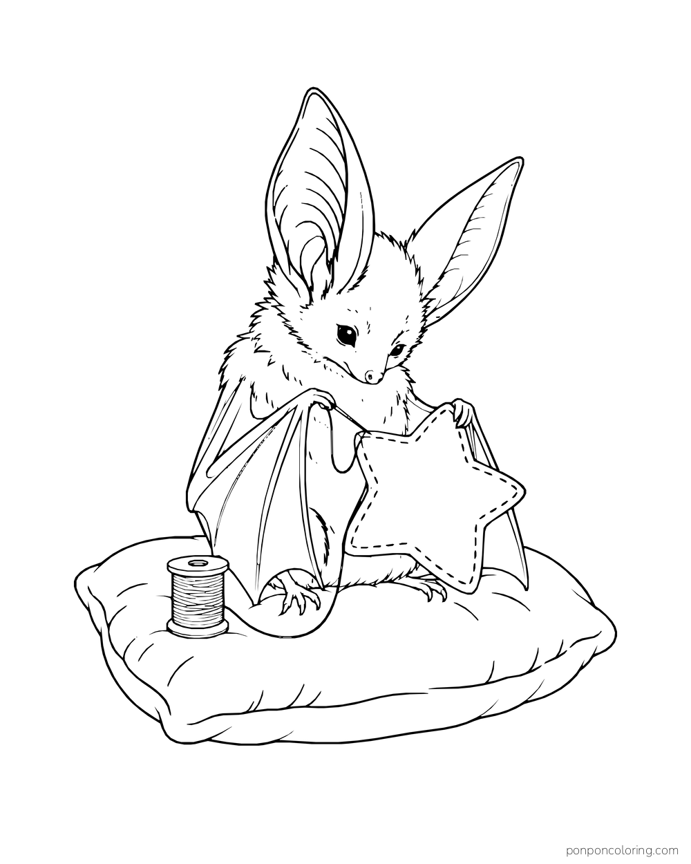A long-eared bat sews a star-shaped pillow while sitting on a cushion beside a spool of thread.