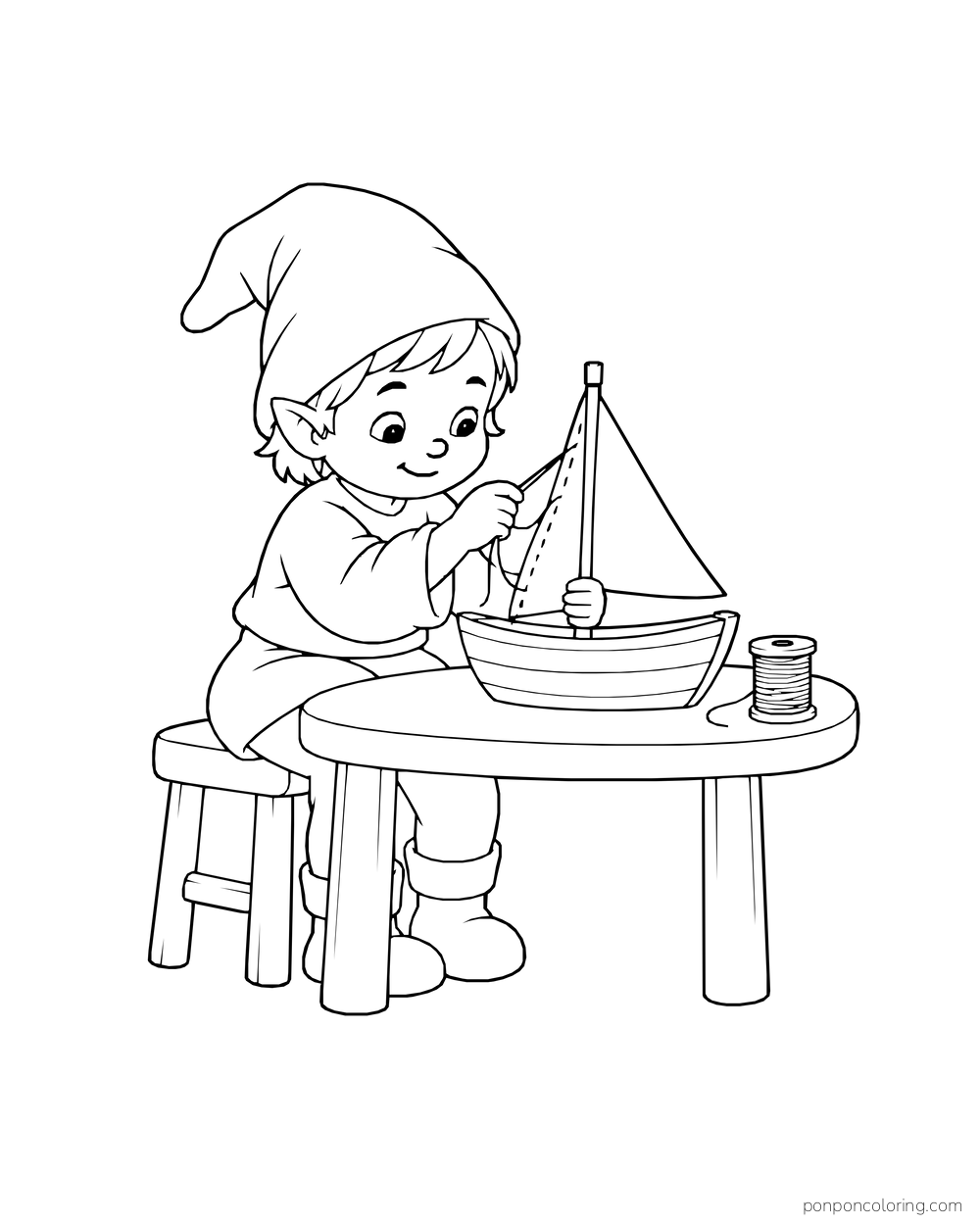 Young gnome stitching a triangular sail onto a toy boat at a round table.