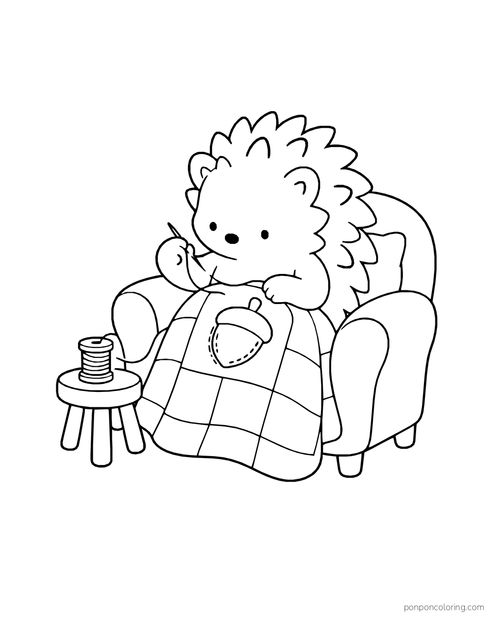 A hedgehog in an armchair sews an acorn applique onto a quilt, with a spool of thread on a stool.