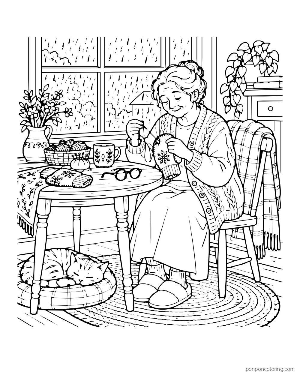 An older woman sews beside a rainy window while a cat sleeps nearby.