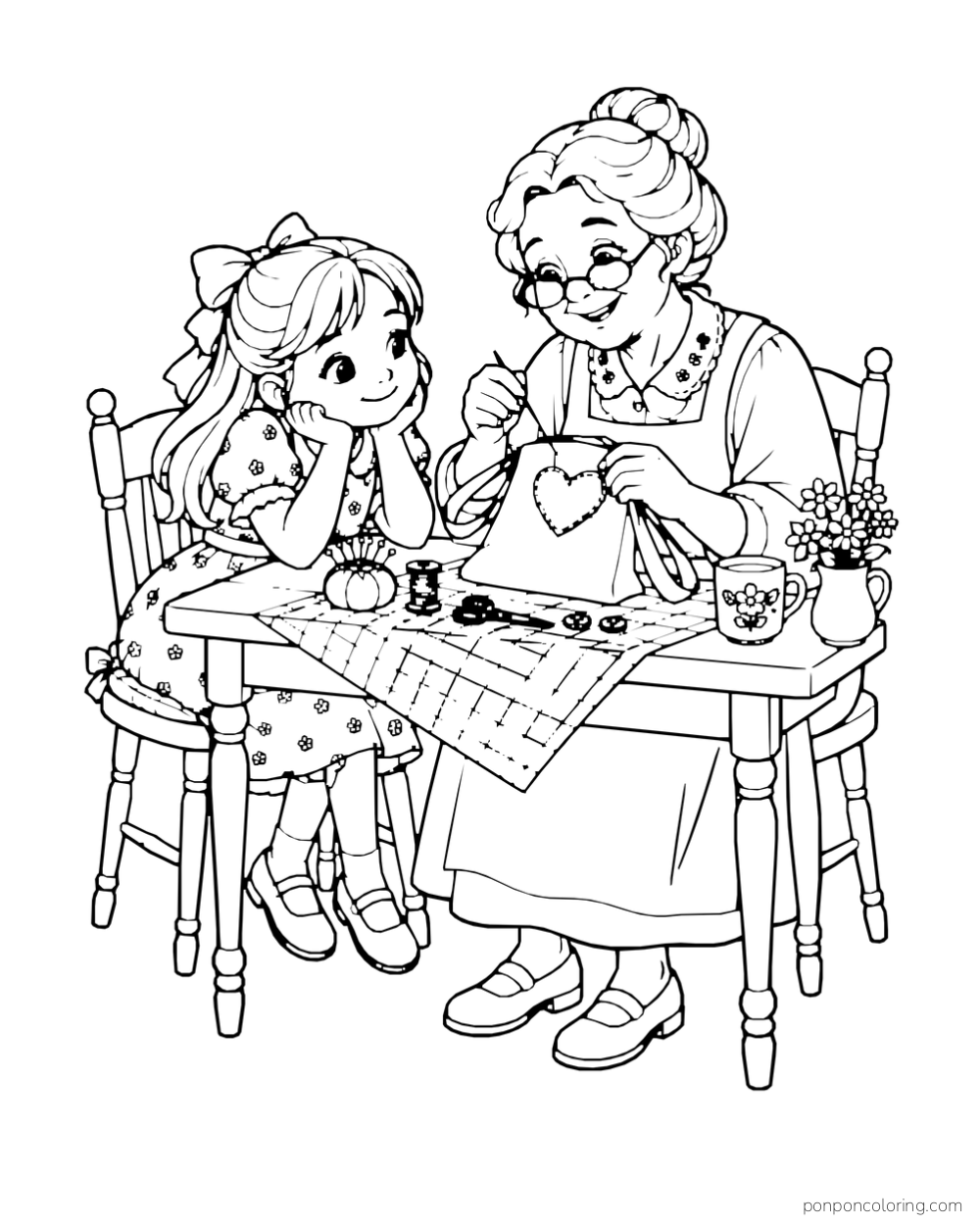 A grandmother and granddaughter work on a heart sewing project at a table with thread and a pincushion.