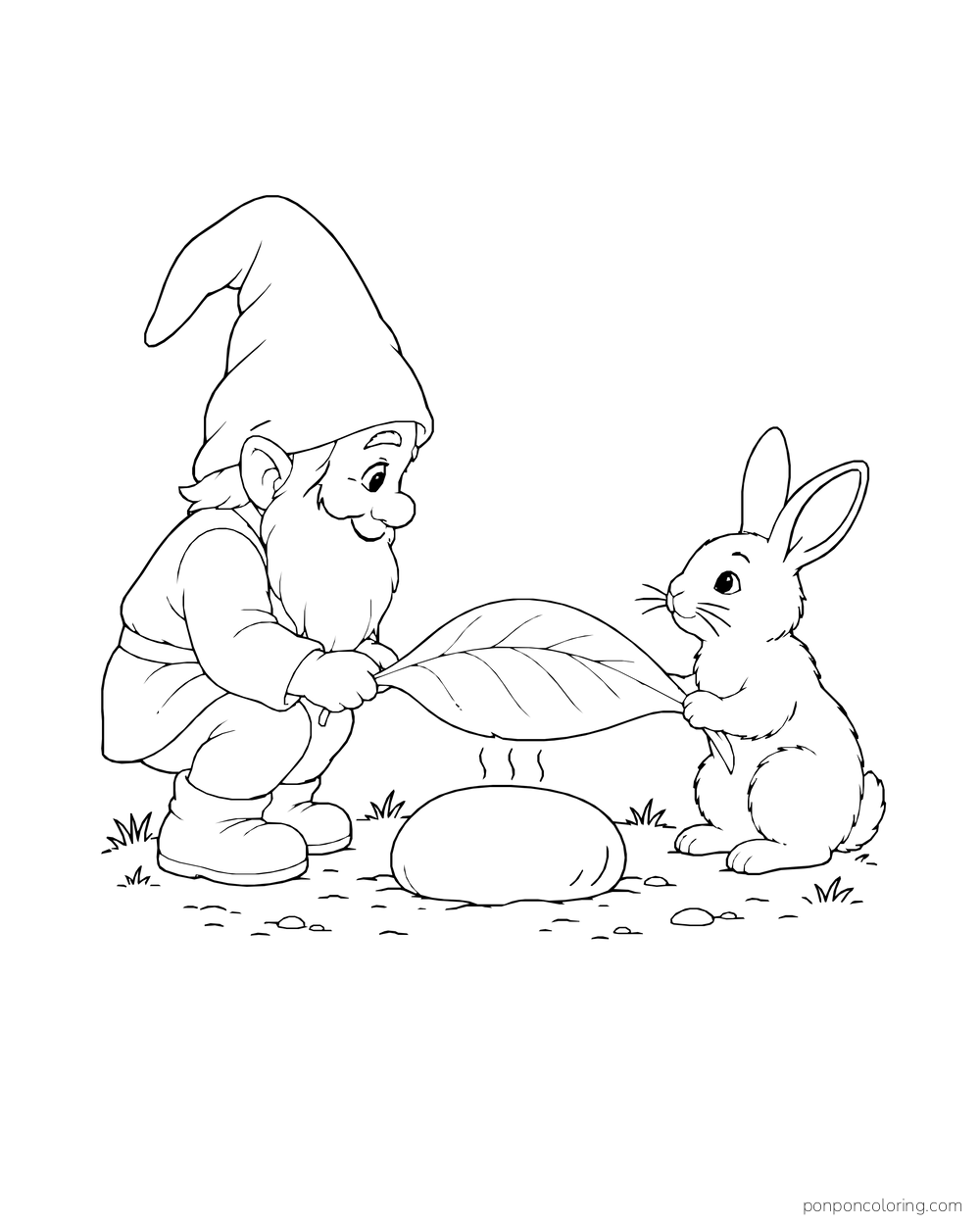 Gnome and rabbit holding opposite ends of a large leaf over a warm stone.