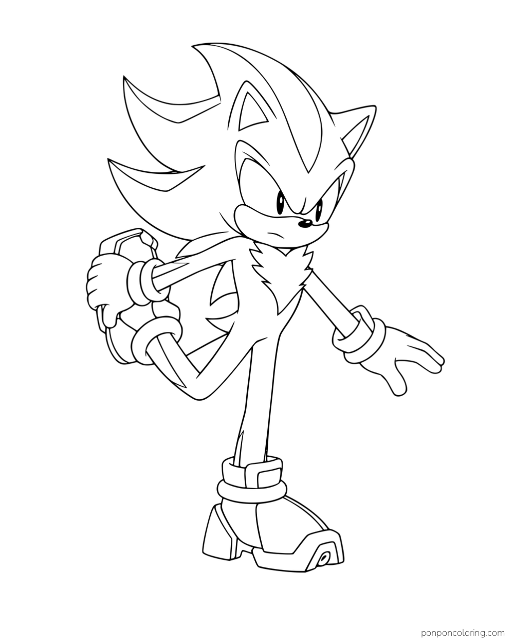 Shadow balancing on one foot and holding his other shoe behind him.