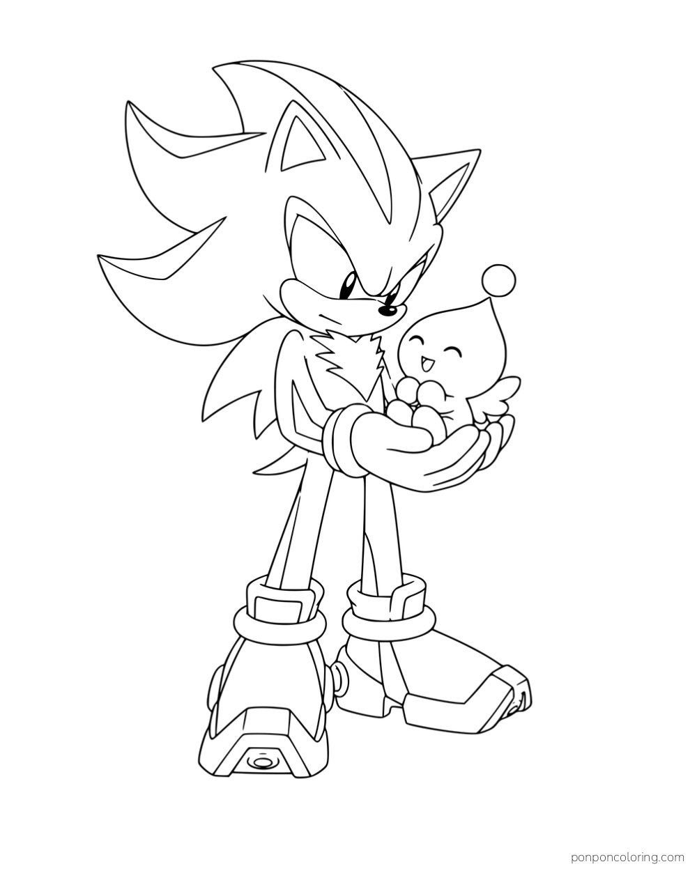 Shadow holding a small Chao in his gloved hands.