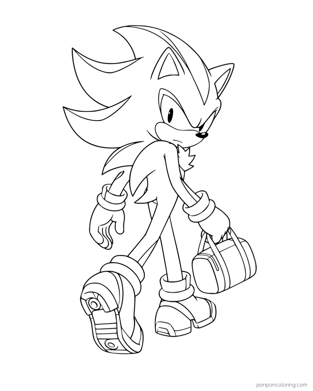 Shadow walking with a duffel bag and looking back over his shoulder.