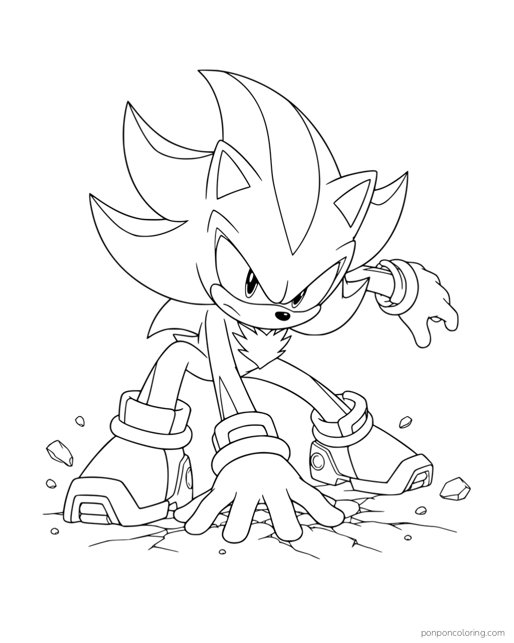 Shadow crouching with one hand on cracked ground and small stones around him.