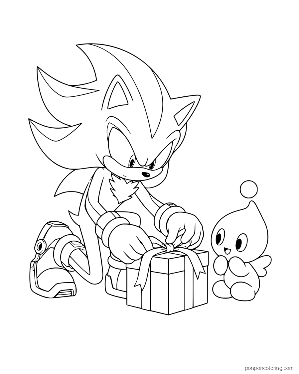 Shadow tying a ribbon around a gift box beside a Chao.