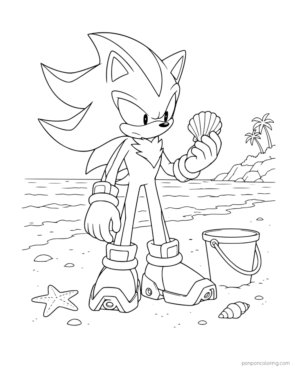 Shadow holding a seashell on a beach beside a bucket.
