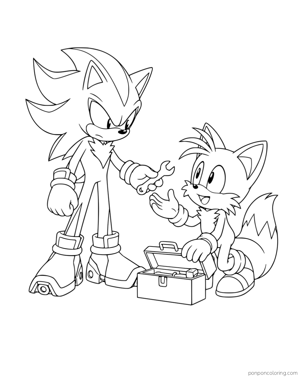 Shadow passing a wrench to Tails beside an open toolbox.