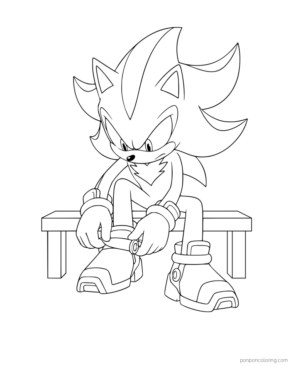 Shadow sitting on a bench and adjusting a strap on his hover shoe.