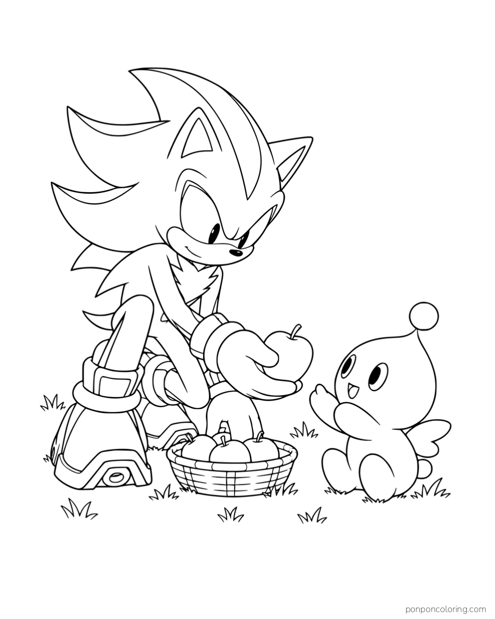 Shadow offering an apple to a Chao beside a basket of apples.