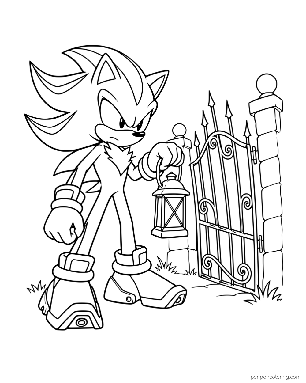 Shadow holding a lantern beside an iron gate.