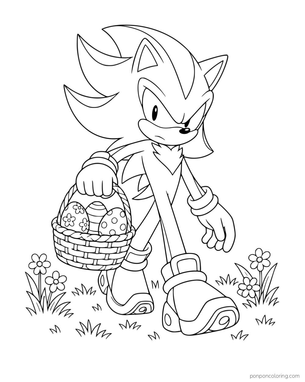 Shadow carrying a basket of decorated eggs among flowers.