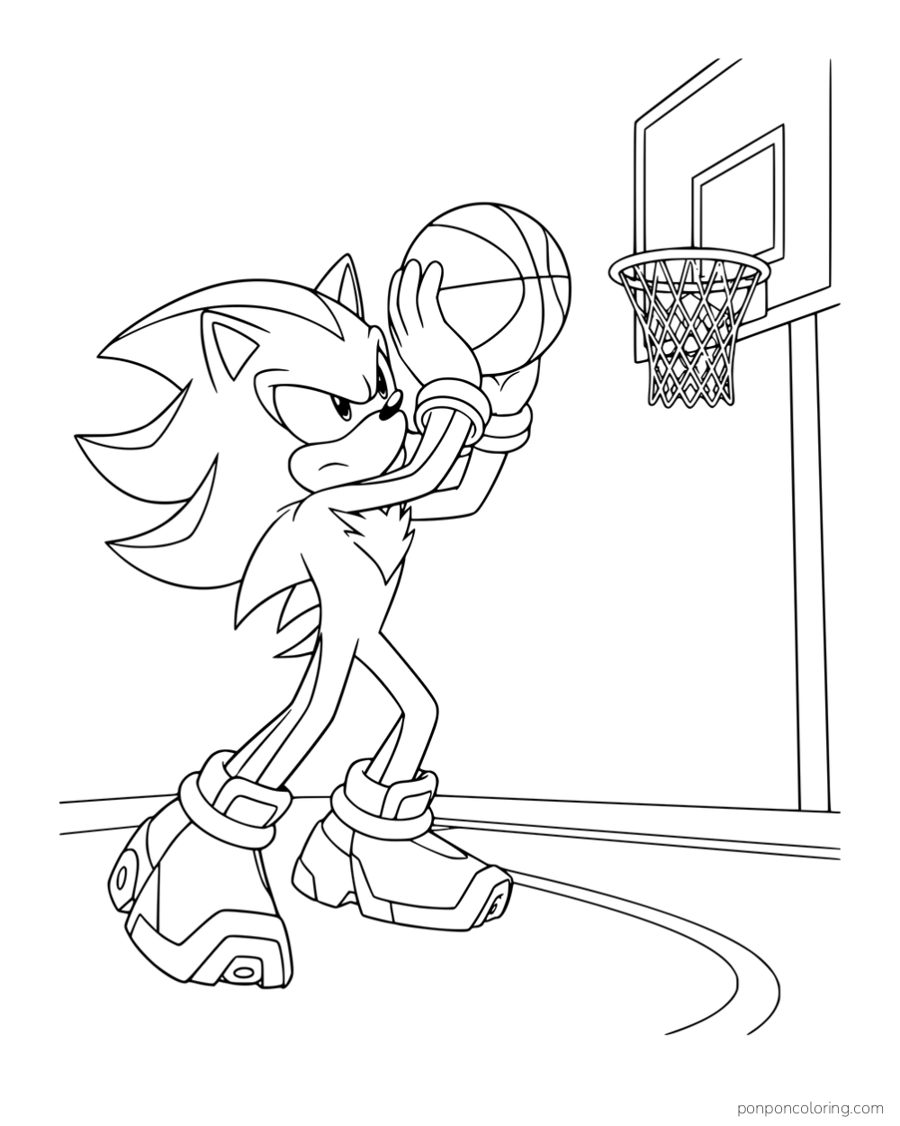 Shadow lifting a basketball toward a hoop.
