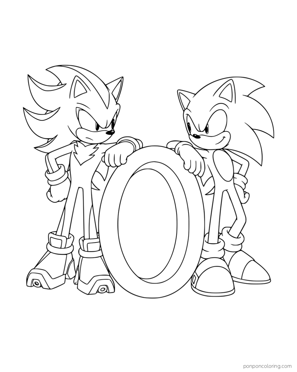 Shadow and Sonic leaning on a large upright ring.