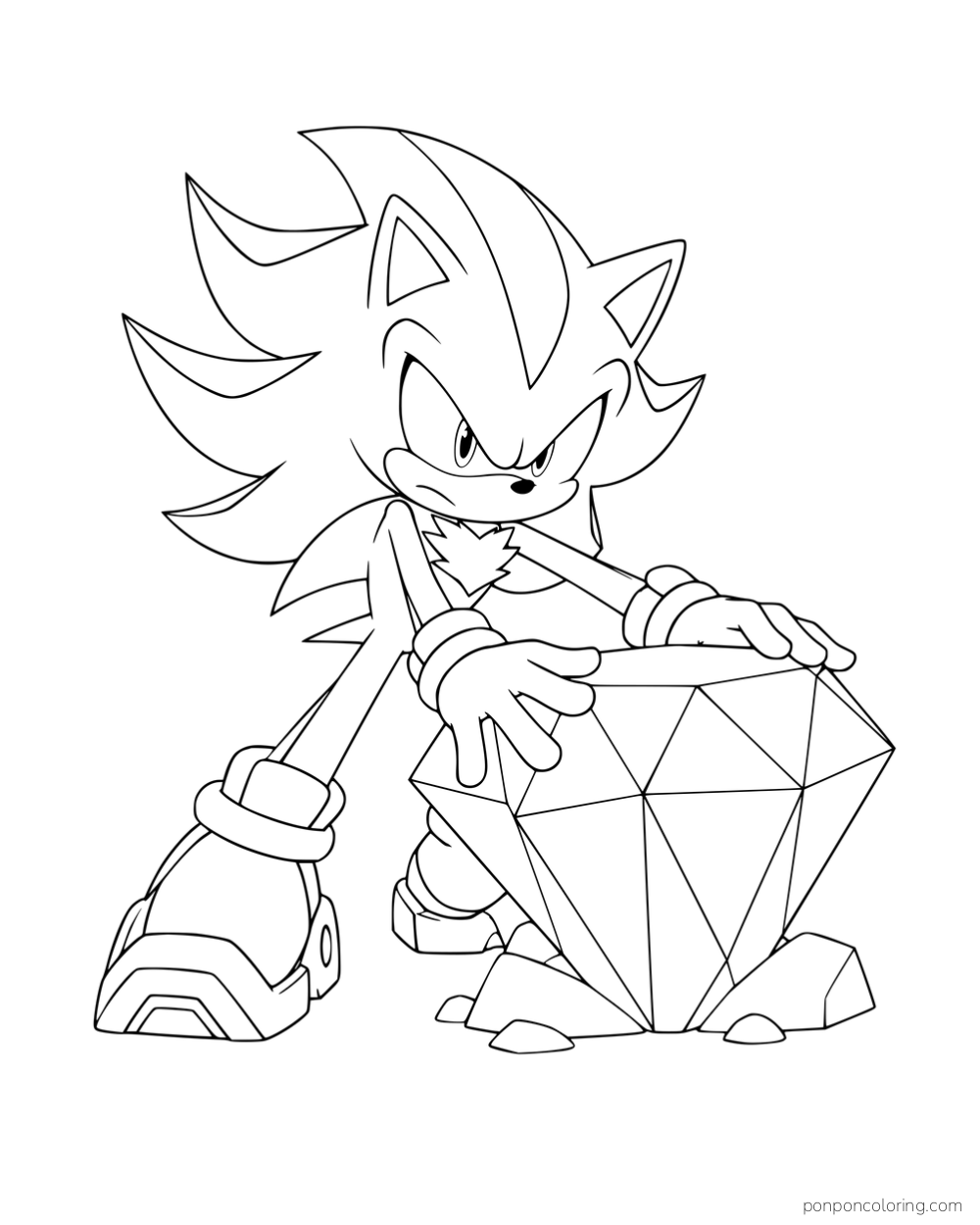 Shadow leaning forward with both hands on a large faceted emerald.