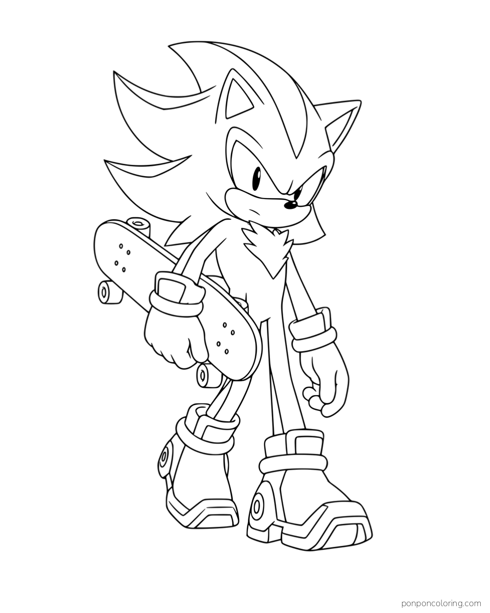 Shadow carrying a skateboard under one arm.