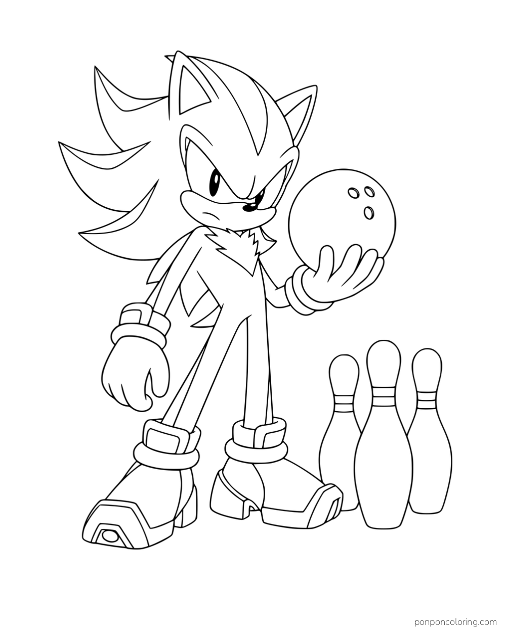 Shadow holding a bowling ball beside three bowling pins.