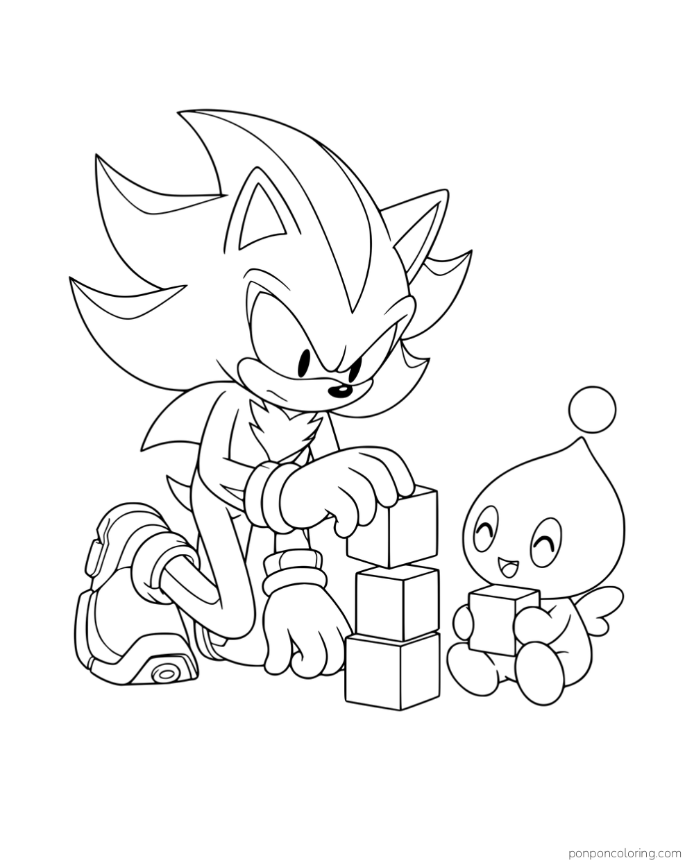 Shadow and a Chao stacking square blocks.
