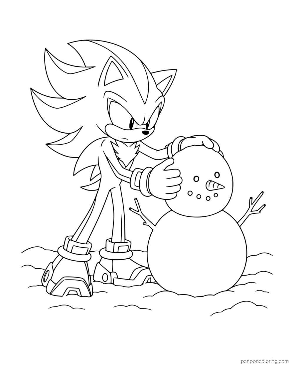 Shadow placing his hands on a snowman with a carrot nose and stick arms.