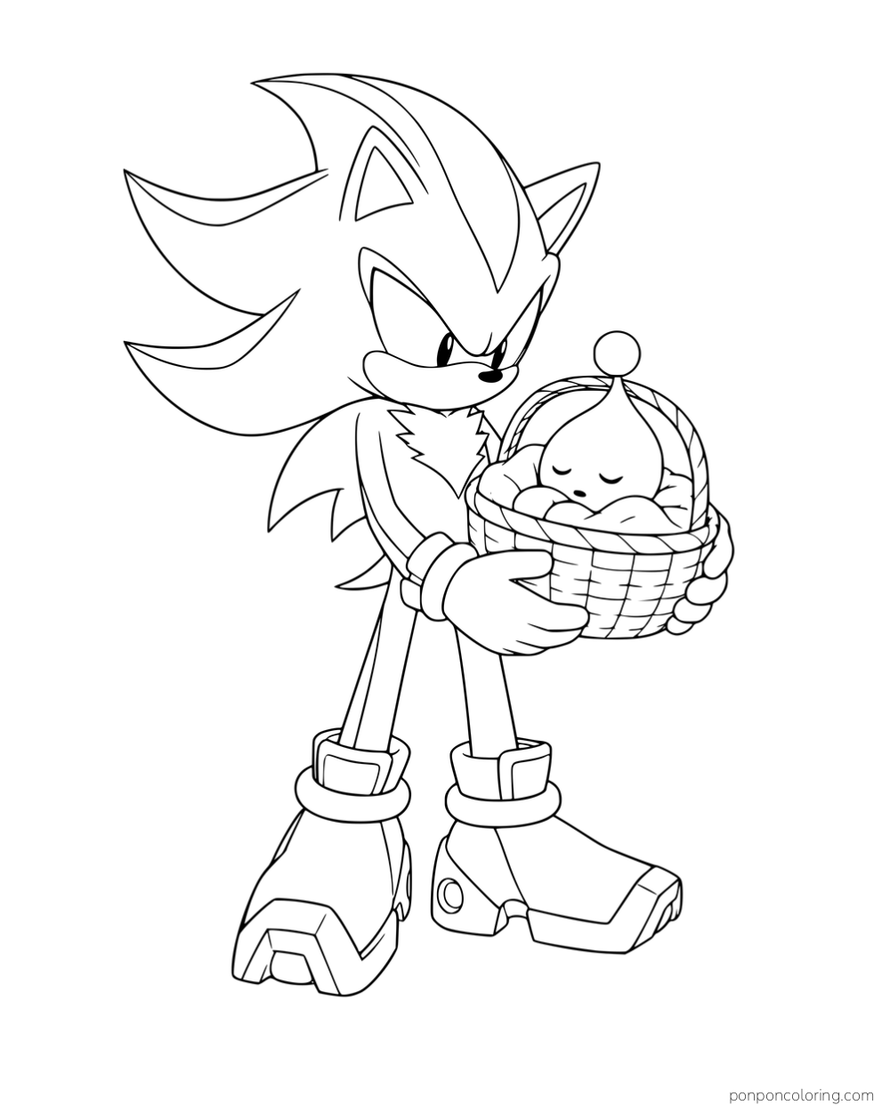 Shadow carrying a sleeping Chao in a woven basket.