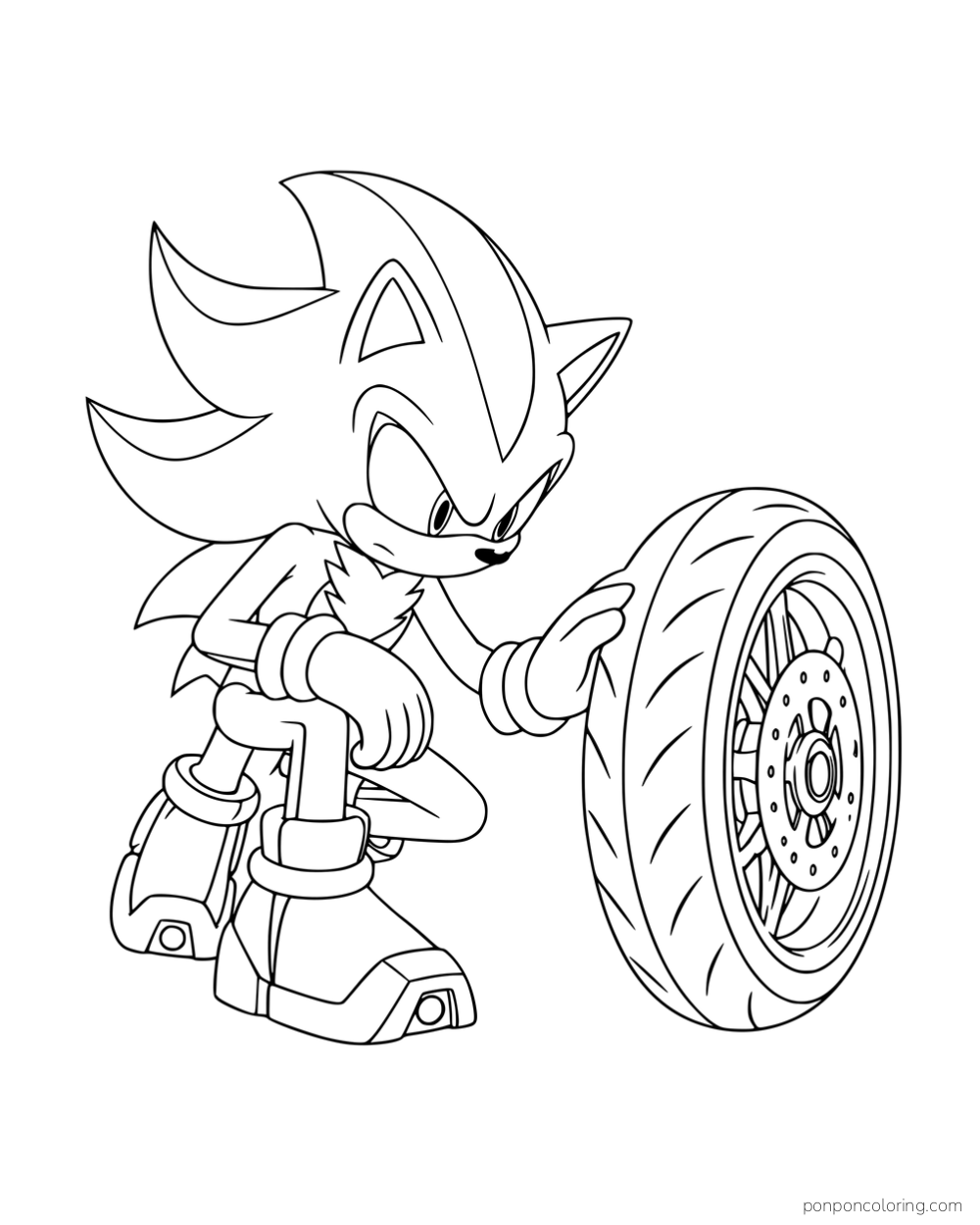 Shadow crouching and inspecting a motorcycle wheel.