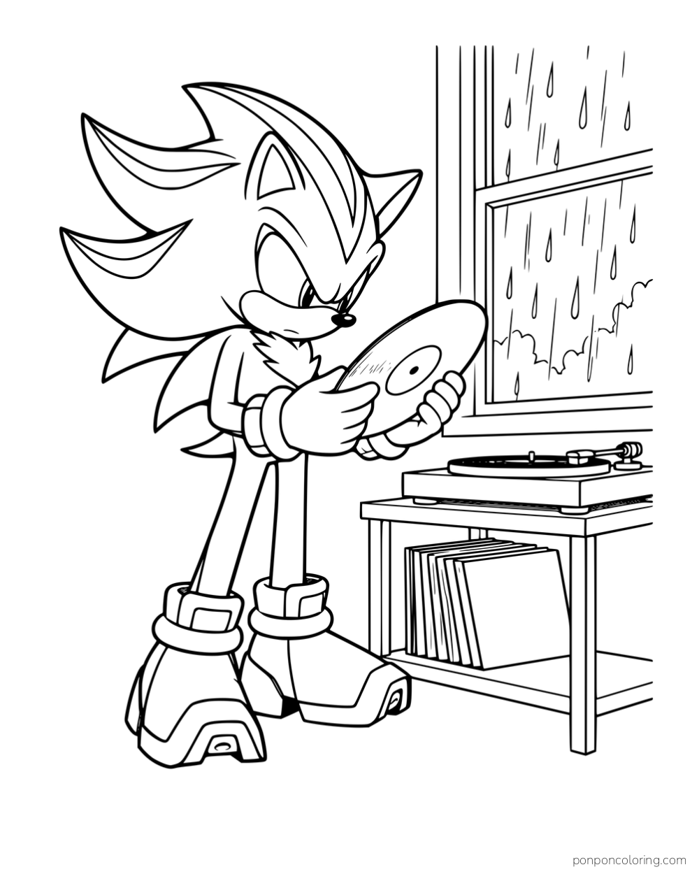 Shadow holding a record beside a record player and a rainy window.