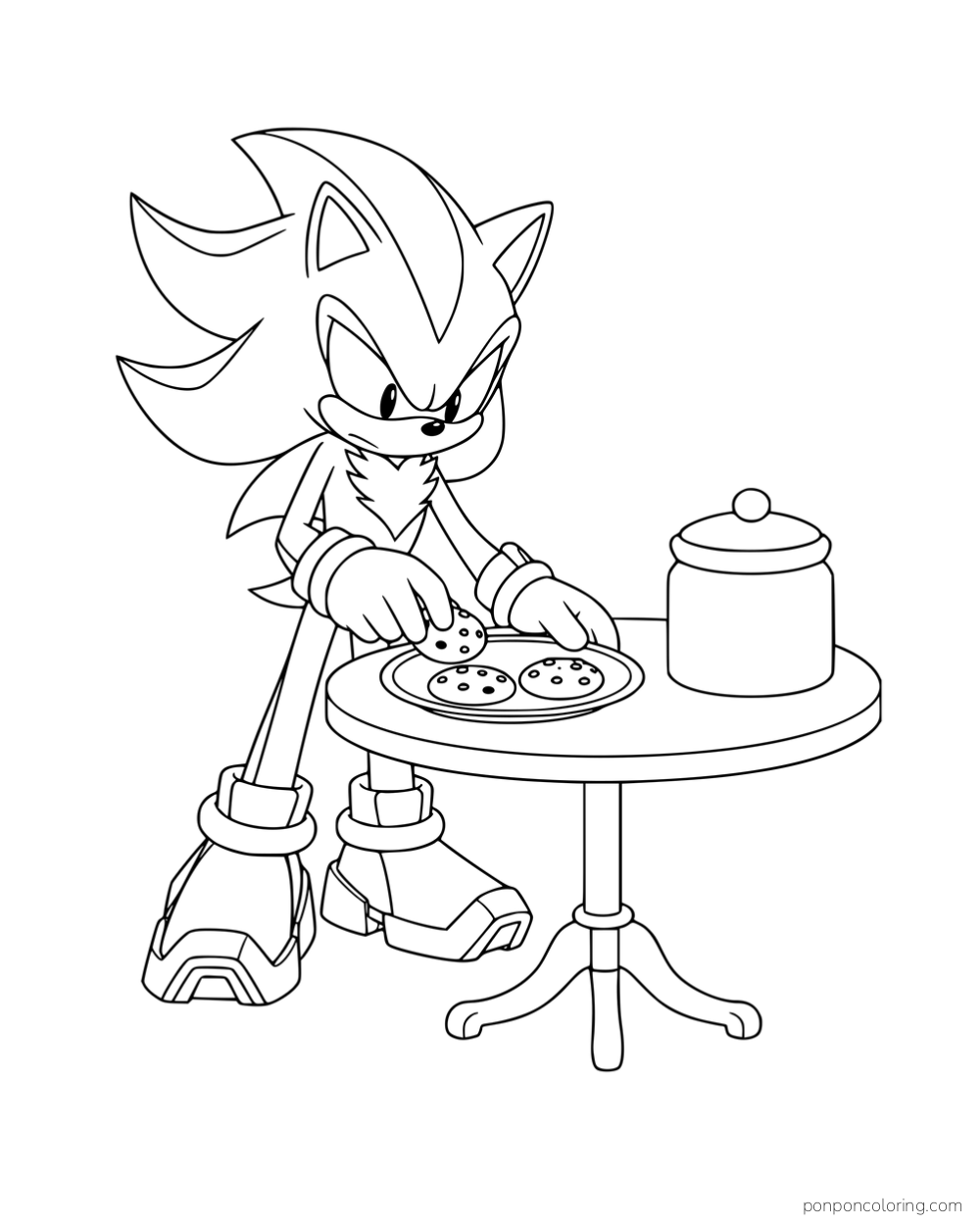 Shadow arranging three cookies on a plate beside a lidded jar.