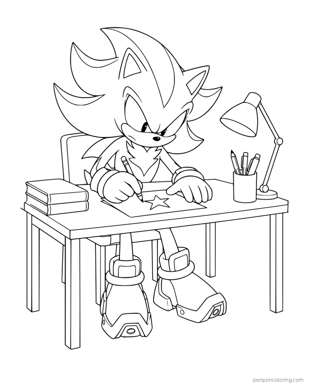Shadow drawing a star at a desk with books, pencils and a lamp.