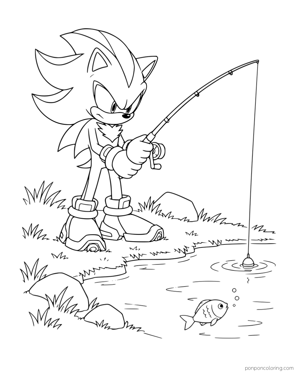 Shadow fishing beside a pond with a fish visible in the water.