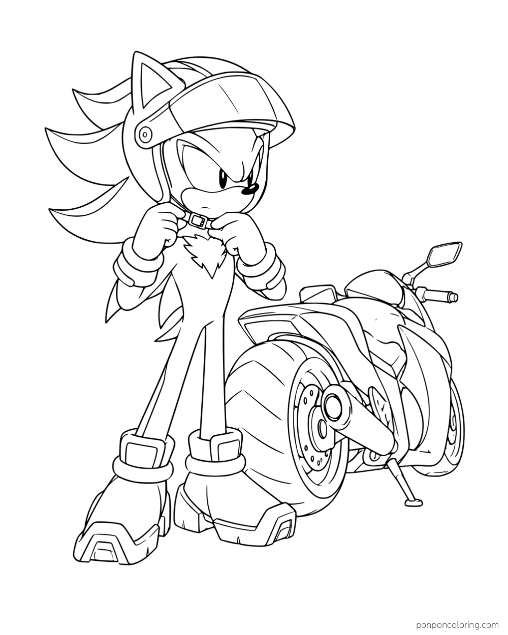 Shadow fastening his helmet beside a parked motorcycle.