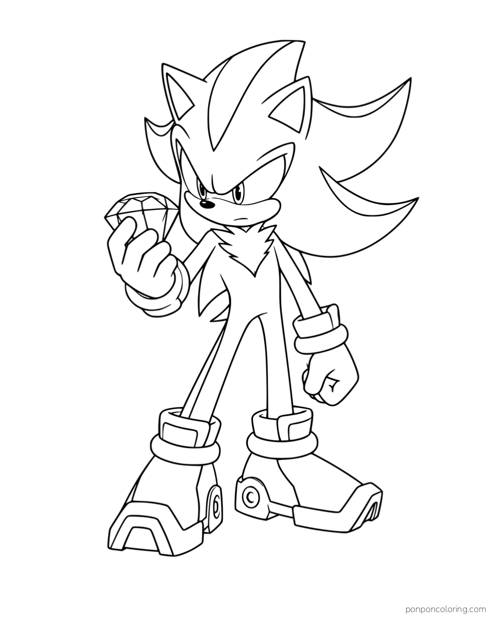 Shadow holding a faceted emerald in one gloved hand.