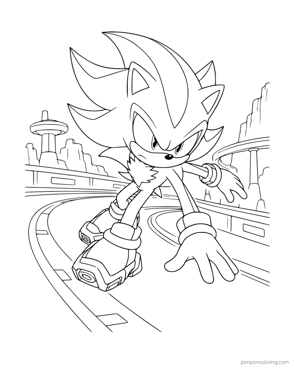 Shadow leaning into a curve on his hover shoes with a track and buildings behind him.