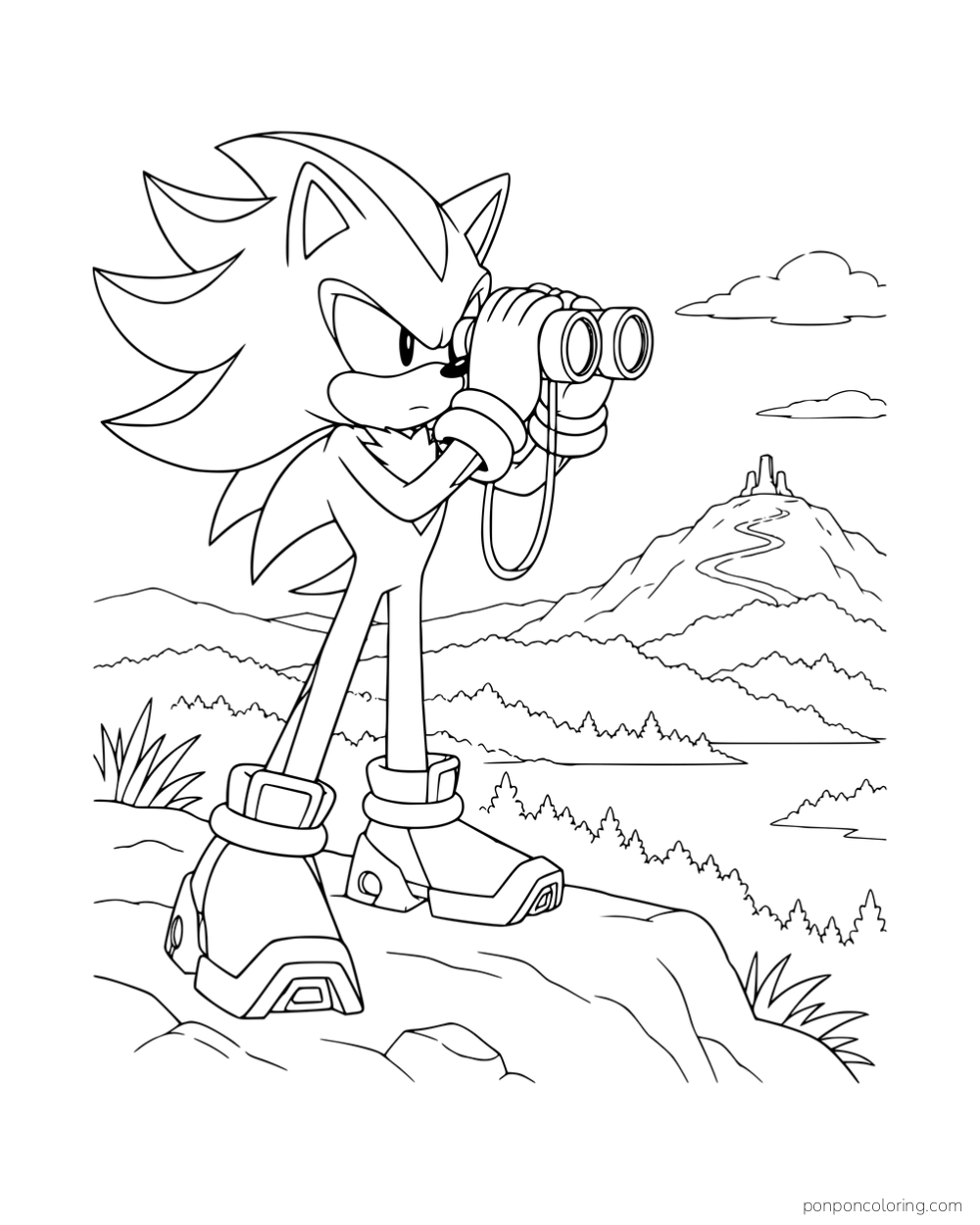Shadow looking through binoculars toward distant hills.