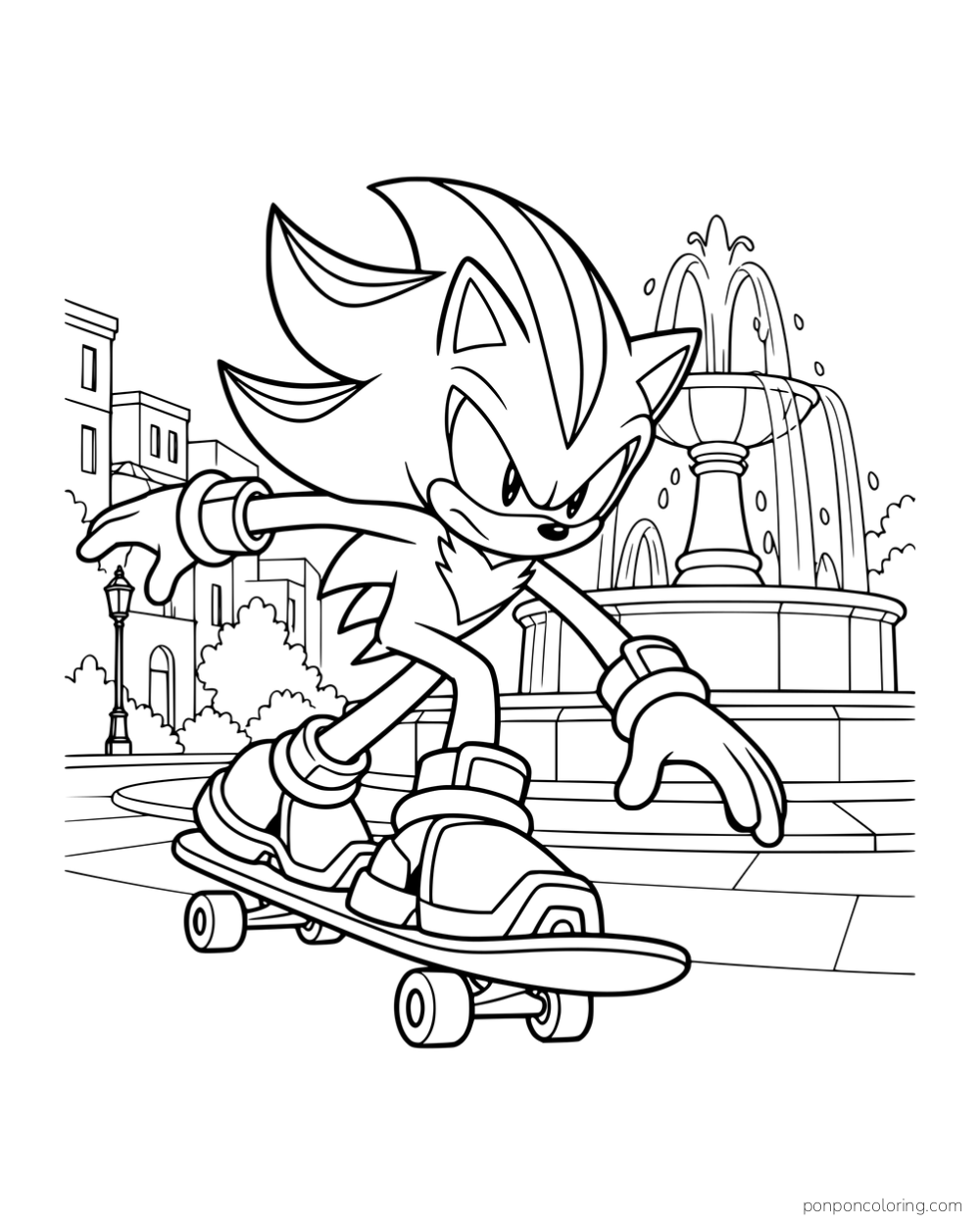 Shadow riding a skateboard near a fountain.