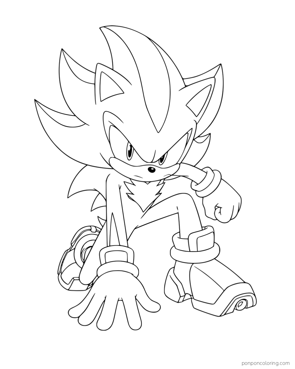 Shadow kneeling with one hand spread on the ground.